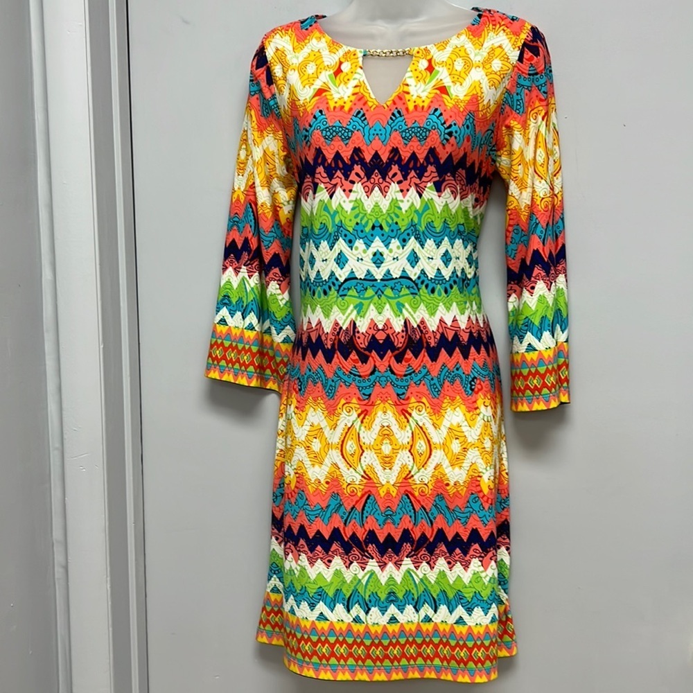 HAANI Geometric Tunic Dress with Gold Chain Detail at Neckline Size Small
